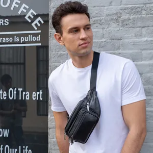 Simple business men's black leather chest bag outdoor casual crossbody waist bag