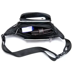 Men genuine leather waist bag black multi pocket fanny pack outdoor casual chest bag