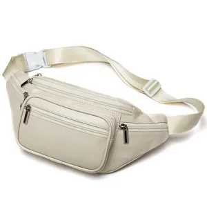 Minimalist lambskin waist bag with multi-zipper compartments for casual outdoor sports.