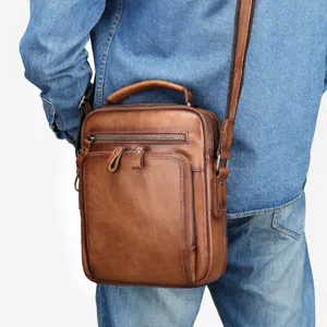 Men's Vintage Genuine Leather Crossbody Bag Casual Business Messenger Bag Solid Color Large Capacity Shoulder Bag With Multiple Zipper Pockets