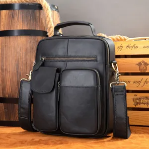 Bolso bandolera de cuero negro para hombre retro bolso mensajero multi bolsillos
