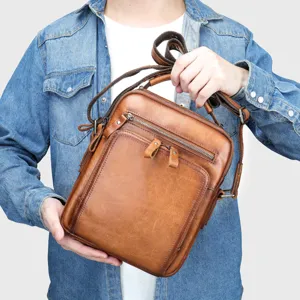 Vintage genuine leather shoulder bag for men, casual large capacity crossbody bag stylish.