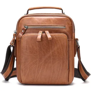 Brown leather messenger bag for men retro vintage crossbody shoulder bag casual daily use.