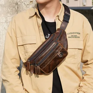 Men's genuine leather waist bag and chest bag with multi-zipper pockets, vintage design.