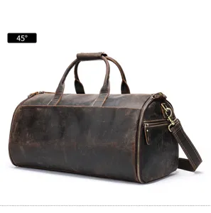Vintage genuine leather travel duffel bag for men, large capacity weekender luggage bag.