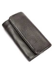 Dark brown genuine leather key case wallet, multi-functional folding pouch main view