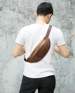 Men's genuine leather waist bag vintage chest sling bag casual stylish crossbody small bag.