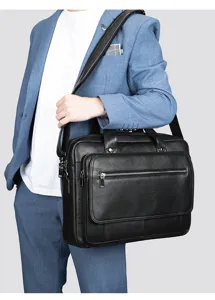 Sac d'affaires homme en cuir véritable haut de gamme porte-documents avec bandoulière.