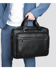 Serviette d'affaires homme en cuir véritable de vachette, sacoche ordinateur portable élégante.
