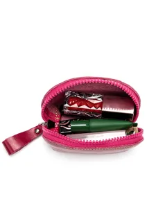 Mini portamonete in vera pelle simpatico portafoglio rosa con cerniera tasca chiavi.