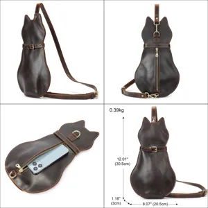 Vintage brown genuine leather cat shaped chest bag, cute animal sling shoulder bag.