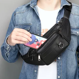 Men genuine leather waist bag multi-pocket casual sling chest bag waterproof black color new.
