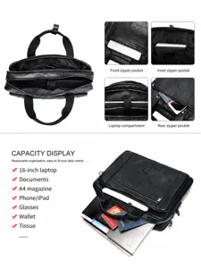 Sac d'affaires en cuir veritable pour homme sacoche ordinateur grande capacite poches.