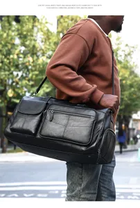Clásica bolsa de viaje de cuero negro para hombres, diseño espacioso con múltiples bolsillos.