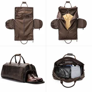 Genuine leather travel duffel bag for men large capacity garment bag with shoe compartment