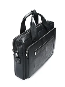 Porte-documents d'affaires noir en cuir véritable pour homme, élégant sac pour ordinateur.