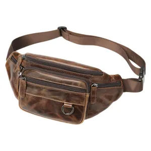 Men genuine leather waist bag vintage chest pack multi-pocket casual crossbody bag for men