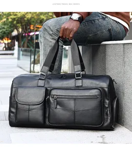 Bolsa de viaje de cuero genuino negro para hombres, bolso de mano de negocios de gran capacidad.
