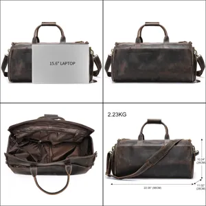 Men's vintage genuine leather travel duffel bag, large capacity, laptop compartment.