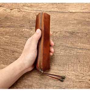 Echte lederen etui retro bruine rits etui vintage kantoorartikelen opbergtas houder