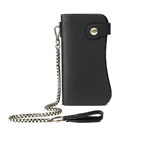 Herren schwarze Lederlange Geldbörse mit Metallkette Vintage Biker Portemonnaie Kartenhalter