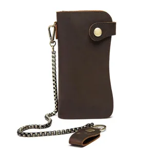 Herren Vintage Echtleder Geldbörse lang mit sicherer Metallkette und Druckknopfverschluss.