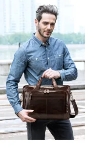 Detailed view of the brown leather mens business briefcase laptop bag with comfortable handle.