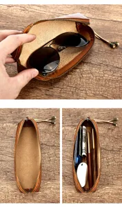 Echt lederen etui minimalistisch brillenentasje vintage rits briefpapier opbergtas