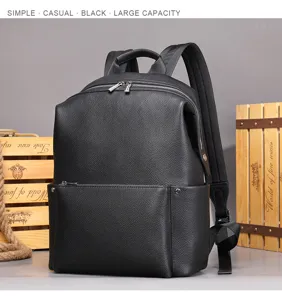 Sac à dos d'affaires en cuir véritable noir pour homme, grand sac de voyage décontracté.