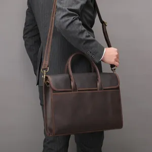 Mens Genuine Leather Briefcase Vintage Crazy Horse Business Laptop Bag Large Capacity Casual Handbag For Commuting