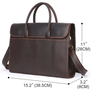 Men's vintage crazy horse leather business briefcase, large capacity laptop messenger bag.