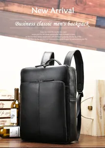 Vue détaillée du sac à dos d'affaires en cuir véritable noir, texture et coutures soignées.