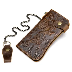 Herren Lang Echtleder Geldbörse Vintage Bifold Clutch Geldbeutel Mit Kette Kartenhalter Business