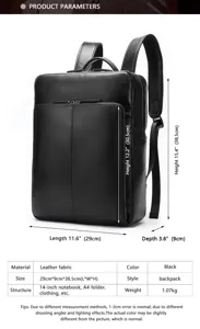Sac à dos d'affaires classique en cuir véritable noir avec compartiment spacieux pour ordinateur.