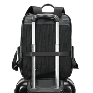 Zaino da viaggio per laptop in vera pelle nera con cinghia per valigia uomo principale