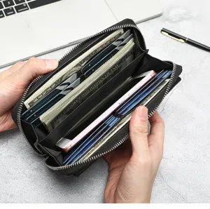 Cartera larga de cuero para hombre bolso de mano gran capacidad multifunción con cremallera