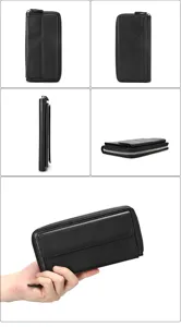 Vista detallada de cartera larga de cuero negro para hombre, cremallera y bolsillo frontal.