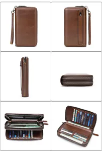 Detailed view of genuine leather men's long wallet, showing multiple card slots and dual zippers.