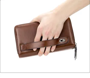 Men's long genuine leather wallet, business casual brown clutch purse with wrist strap zipper.