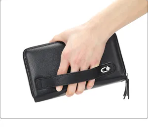 Men's black genuine leather long wallet clutch purse with wrist strap and zipper closure.