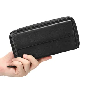 Cartera Larga de Cuero Auténtico para Hombre Gran Capacidad Cartera de Negocios Multifunción Cremallera Correa de Muñeca Tarjetero