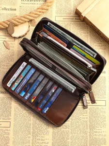 Men's Genuine Leather Business Long Wallet Vintage Solid Color Zipper Clutch Bag With Wrist Strap Multi-Card Slots Phone Purse