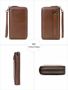Men's long genuine leather wallet clutch bag with double zipper and wrist strap multi-angle view.
