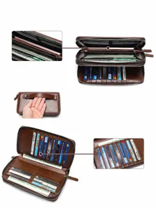 Men's genuine leather long wallet clutch with multiple card slots, zipper pocket and wrist strap.