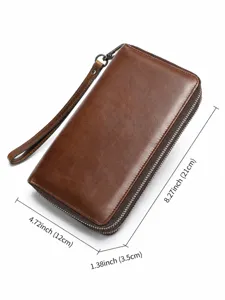 Men's genuine leather long wallet zip clutch bag with wrist strap brown daily use