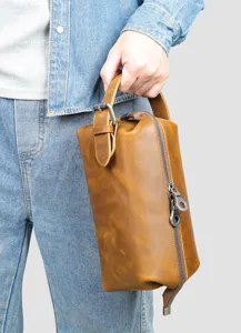Sac à main en cuir véritable pour homme, pochette vintage marron en cuir crazy horse.