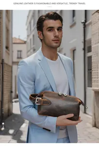 Men's genuine leather clutch bag, top layer cowhide retro casual design for daily travel.