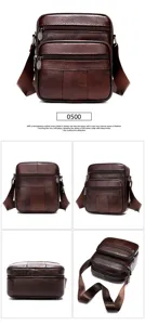 Detail view of vintage genuine leather men shoulder bag multiple zipper multi layer design