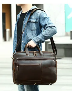 Detailed view of the dark brown crazy horse leather men's briefcase with shoulder strap.