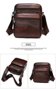 Details of men's brown leather multi-pocket shoulder bag, vintage style crossbody accessory.